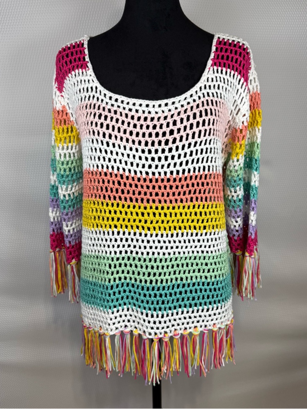 Masseys XL Crochet Fringe Sweater Cover Up Rainbow Stripe Boho Beach Festival
